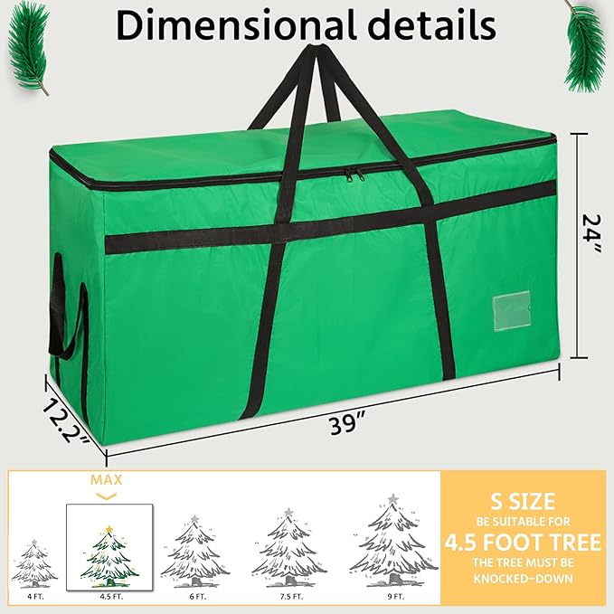 4.5 ft Christmas Tree Storage Bag, Heavy Duty Christmas Tree Bag with Reinforced Handles and Dual Zippers Wide Opening, Large Capacity fits for Artificial Christmas Tree (Green, 4.5 ft)-NeatNest