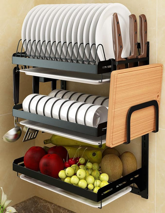 Wall Mounted Stainless Steel Dish Drying Rack Fruit Vegetable Storage Basket with Drainboard and Hanging Chopsticks Cage Knife Holder Kitchen Supplies Shelf Utensils Organizer (3-Tier)