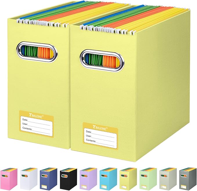 BALEINE File Organizer Box, Cardboard File Folder Organizer with Handle for Letter Size, Portable Collapsible Hanging Filing Box for Home Office Document Storage (2 Pack, Yellow)-NeatNest