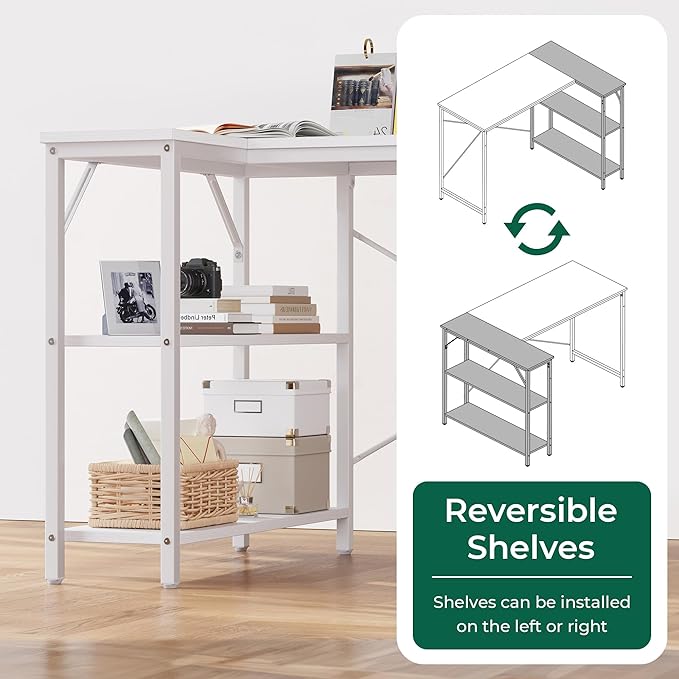 Huuger L-Shaped Desk - 47" Reversible Storage Corner Gaming Desk, Metal Frame, White-NeatNest