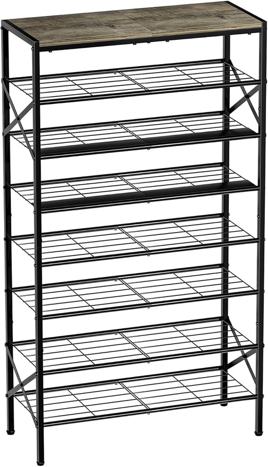 8-Tier Tall Shoe Rack Organizer Shoe Storage for Entryway 24-32 Pairs Metal Shoe Rack for Closet Heavy-Duty Shoe Rack with Wooden Top Shelf for Garage Gray-NeatNest