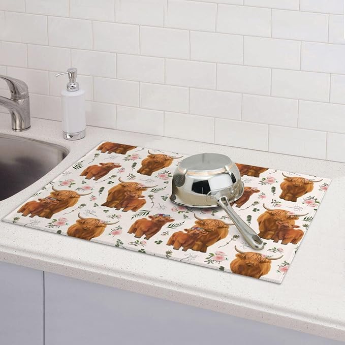Highland Cow Dish Drying Mat for Kitchen Counter Cute Kitchen Mat Microfiber Kitchen Countertop Absorbent Reversible Drainer Rack Pad Dish Drying Mat 18 x 24 Inch