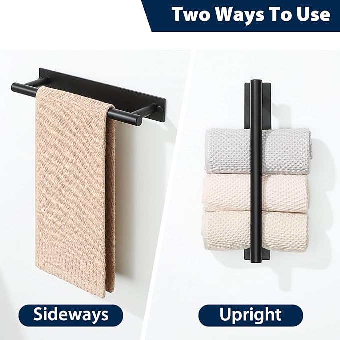 Alise Bath Towel Bars, 12 Inch Towel Hanger Towel Racks for Bathroom, SUS304 Stainless Steel Hand Towel Holder, Wall Mount with Self-Adhesive or Drilling, Matte Black