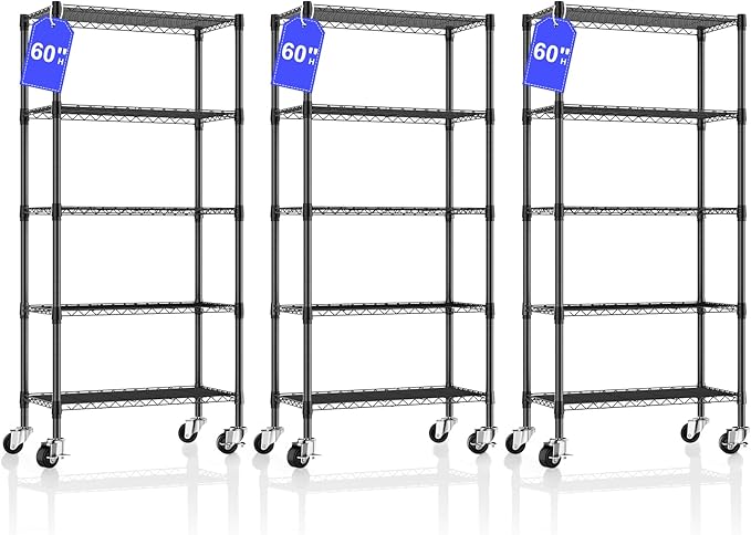 3 Pack 5 Tier Shelving Unit Wire Rack, Heavy Duty Adjustable Shelf Rolling Storage Shelves with Wheels, 14" D x 30" W x 60" H 750 lbs Capacity Kitchen Garage Pantry Shelves for Small Spaces