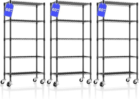 3 Pack 5 Tier Shelving Unit Wire Rack, Heavy Duty Adjustable Shelf Rolling Storage Shelves with Wheels, 14" D x 30" W x 60" H 750 lbs Capacity Kitchen Garage Pantry Shelves for Small Spaces