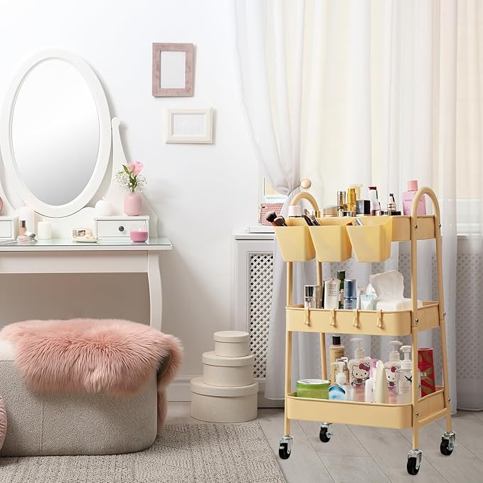 danpinera 3-Tier Rolling Cart, Metal Rolling Storage Cart with Lockable Wheels & Hanging Cups & Hooks, Mobile Trolley for Kitchen, Bathroom, Office, Workshop, Yellow-NeatNest