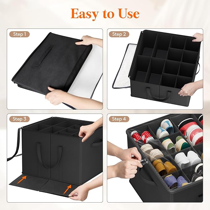Lifewit Shoe Storage Organizer for Closet, Fits 12-16 Pairs, Large Shoe Box Storage Containers with Clear Cover and Reinforced Handles, Foldable Storage Bins Fit for Boots Heels Sneakers, 3 Pack Black-NeatNest