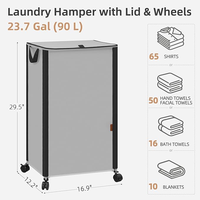 STORAGE MANIAC Rolling Laundry Hamper with Lid, 23.7 Gal (90 L) Large Tall Laundry Basket with Wheels & Handles, Aesthetic Dirty Clothes Hamper for Small Space, Dorm, Apartment, College, Gray