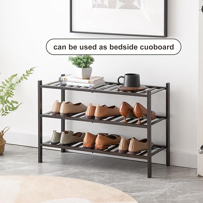 Shoe Rack, 3-Tier Bamboo Stackable Shoe Shelf Storage Organizer, Shoe Stand for Closet, Entryway and Hallway-NeatNest