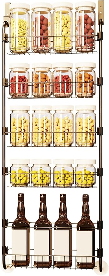 Over The Door Pantry Organizers, Pantry Door Organizer and Storage with Adjustable Baskets,Heavy-Duty Metal Spice Rack,Over The Door Organizers for Kitchen,Bathroom (Black, 5tier)