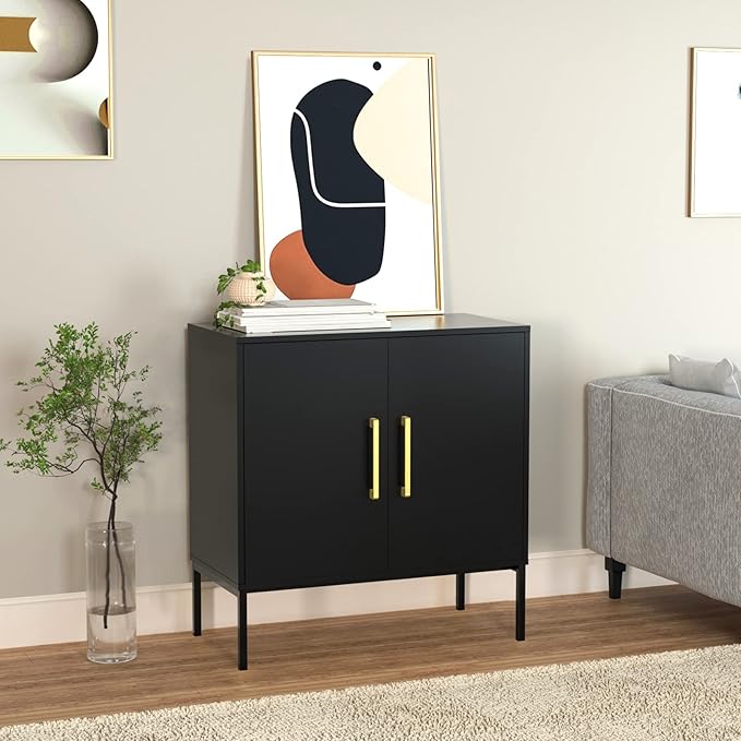 JOZZBY Buffet Sideboard Cabinet with Storage, Modern Wooden Cabinet with Adjustable Shelves, Black and Gold Cabinets for Living Room, Kitchen, Hallway