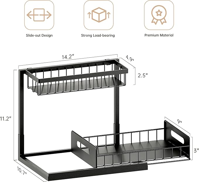 VUSIGN Under Kitchen Sink Organizer 2 Tier, Pull Out Under Sink Organizers and Storage, Bathroom Cabinet Kitchen Organization Storage Shelf, 1 Pack Black-NeatNest