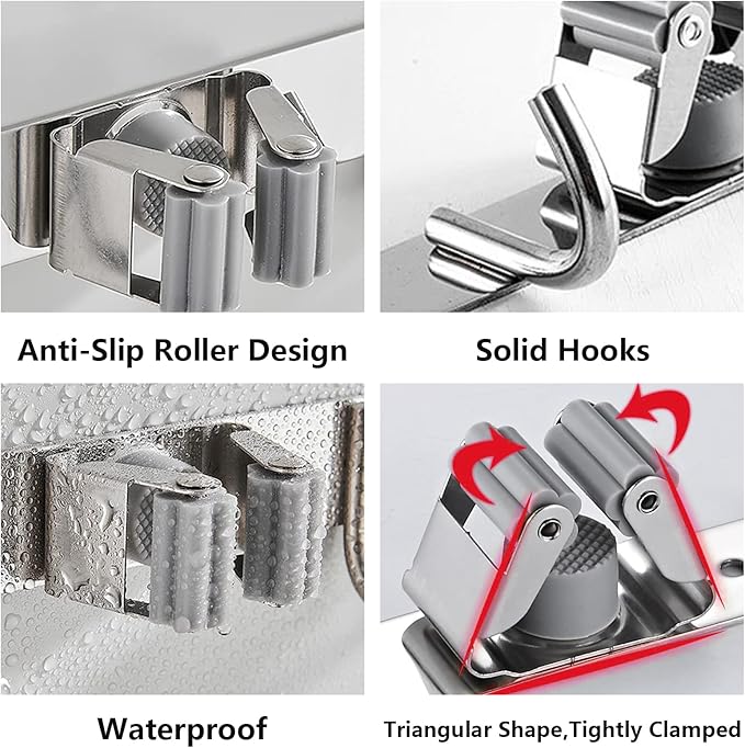 Piyl Broom Mop Holder Wall Mount Broom Hanger Wall Mounted Metal Organization Garage Storage Garden Kitchen Tool Organizer With 4 Racks and 5 Hooks (Silver, 1 Pack 4R5H)-NeatNest