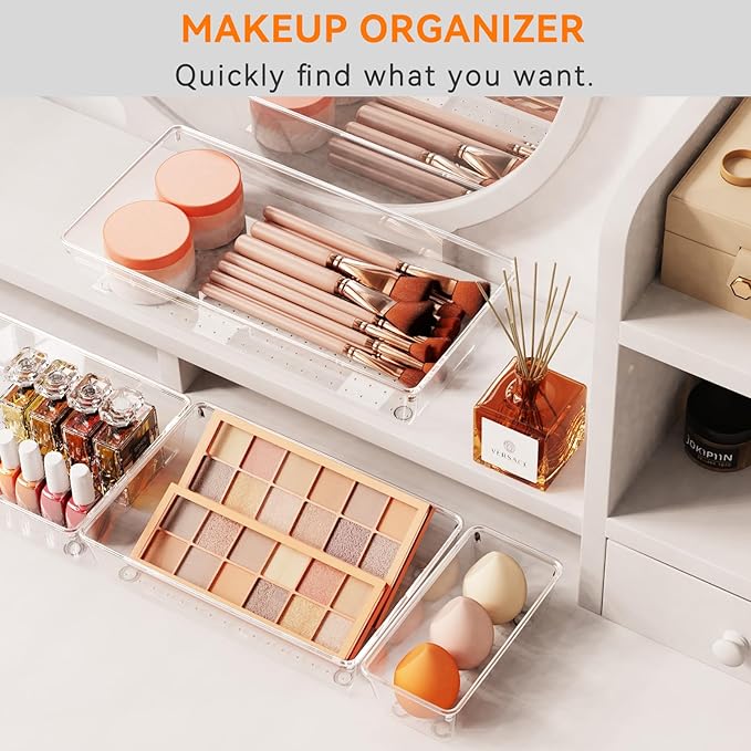 6 Pack Large Clear Plastic Drawer Organizer Trays, Acrylic Kitchen Drawer Organization and Storage Dividers, Non-Slip Storage Bins for Makeup, Kitchen Utensils, Bathroom, Jewelries and Office Desk-NeatNest