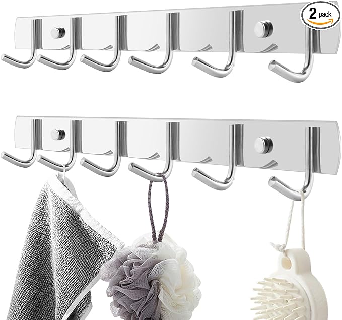 Coat Rack Wall Mount, (2-Pack) 6 Hooks for Hanging, Stainless Steel Wall Hooks-NeatNest