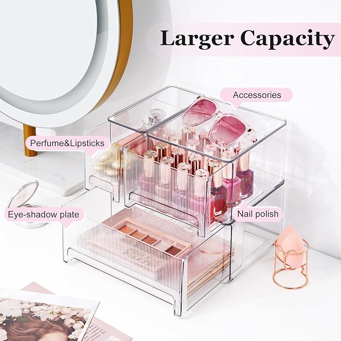 Clear Stackable Makeup Organizer, 3 Pack Plastic Drawer Storage with Handle for Vanity Bathroom Countertop, Transparent-NeatNest