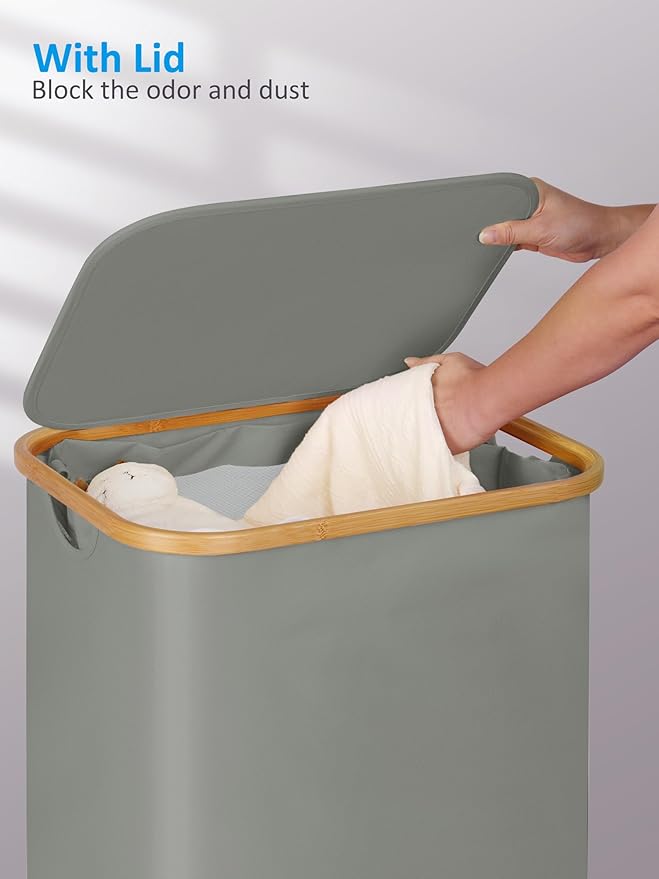 efluky Laundry Basket with Wheels, Tall Rolling Laundry Hamper with Lid and Removable Bag, Aesthetic Dirty Clothes Hamper on Wheels for Laundry Room, Bedroom, Dorm and Bathroom, 100L Grey-NeatNest