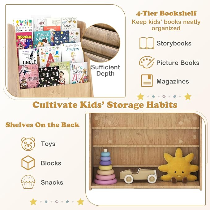 GLACER 4-Tier Kids Bookshelf, Wood Toddler Bookcase with Deep Magazine Display Shelf & Back Storage Space, Children Storage Organizer for Nursery, Playroom, Kids Bedroom, Classroom (Natural)