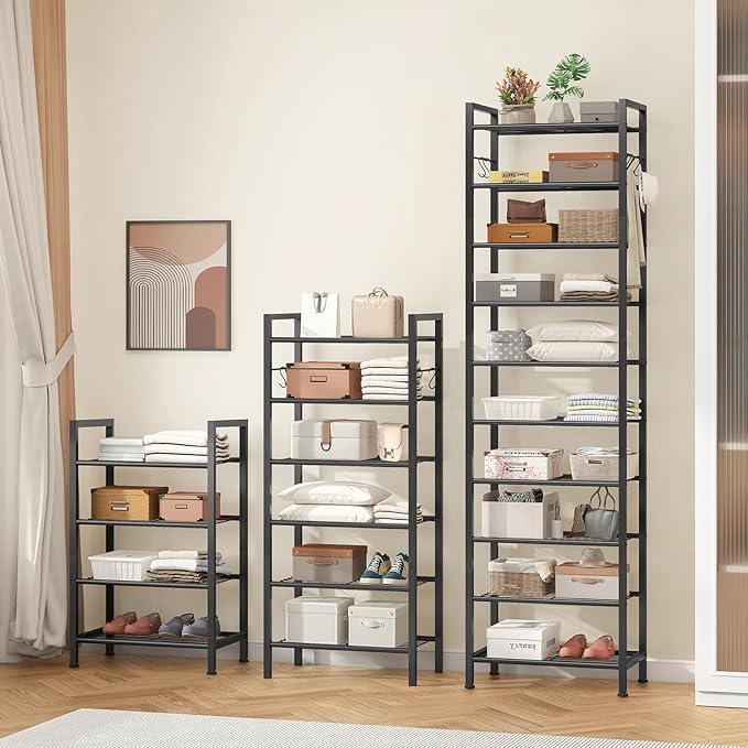 usikey 10 Tiers Narrow Shoe Rack 20-30 Pairs, Sturdy Metal Tall Shoe Rack Shelf with 4 Hooks, Slim Shoe Storage with Metal Shelf, Space Saving Vertical Shoe Organizer for Entryway, Closets, Black