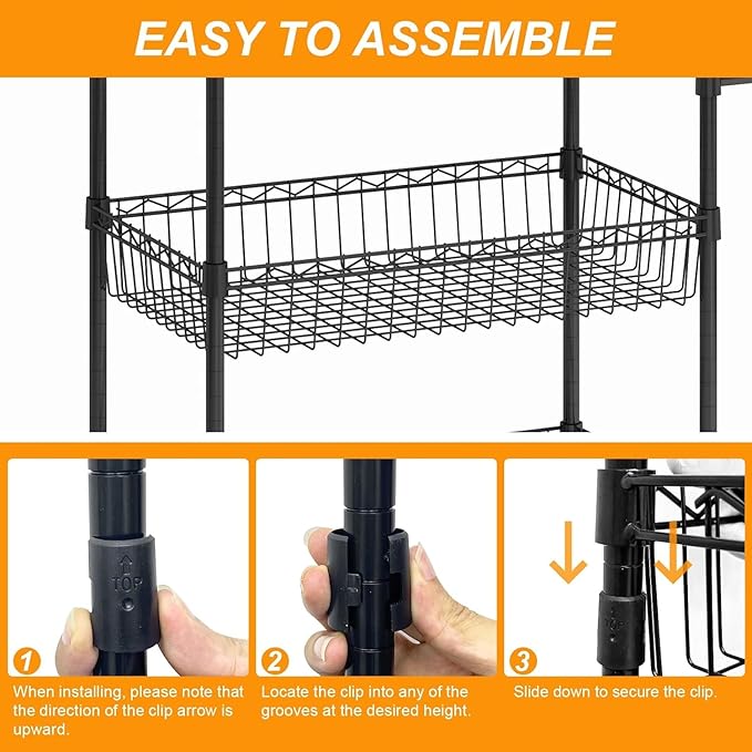 3 Tier Rolling Storage Cart with Adjustable Wire Shelving, 360-Degree Rotating Wheels with Brakes, Sturdy Carbon Steel Build, Versatile for Kitchen, Bathroom, and Office