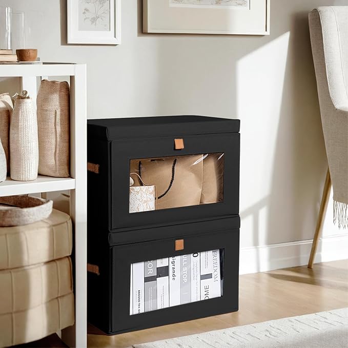 Collapsible Storage Bins - Large Stackable Organizer Bins, Decorative Boxes with Handles & Window, Fabric Containers for Living Room, Closet, Dorm, 4 Pack, Black-NeatNest