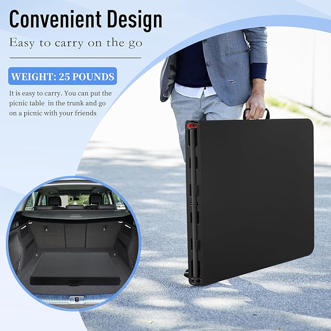 6ft Folding Table, Heavy Duty Foldable Table with Handle, Portable Fold-in-Half Utility Tables for Indoor & Outdoor Use Perfect for Camping BBQ Party Wedding Market Events, Black-NeatNest