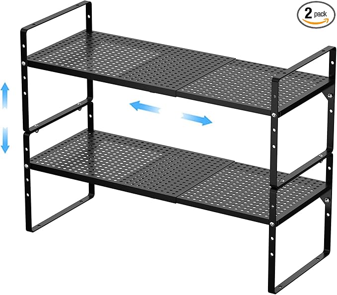 Expandable Kitchen Cabinet Shelf Organizer 2 Pack, Stackable Metal Pantry Storage Shelves, Adjustable Counter Shelf Organizer Rack for Kitchen Cabinets, Cupboard, Countertop, Closet, Black-NeatNest