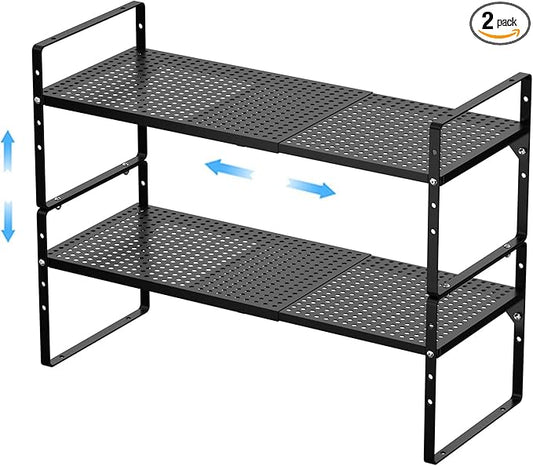 Expandable Kitchen Cabinet Shelf Organizer 2 Pack, Stackable Metal Pantry Storage Shelves, Adjustable Counter Shelf Organizer Rack for Kitchen Cabinets, Cupboard, Countertop, Closet, Black-NeatNest