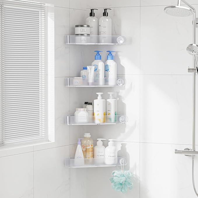 Sotfamily Shower Caddy Corner, 4 Pack Adhesive Corner Shower Shelves for Bathroom Organizers and Storage, Rust Free Plastic Rack for Bathroom Accessories & Decor, Crystal