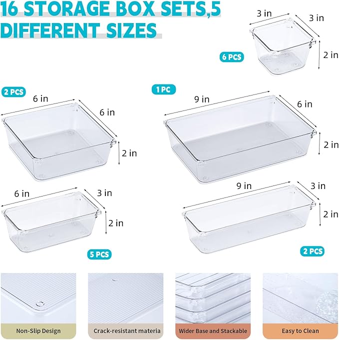 Clear Plastic Drawer Organizers Set - 16pack 5 Size Versatile Organizer Trays & storage Bins,Desk Drawer Organizer Trays,Organizers and Storage Bins for Makeup,Jewelry,Kitchen Utensils,Bathroom,Office