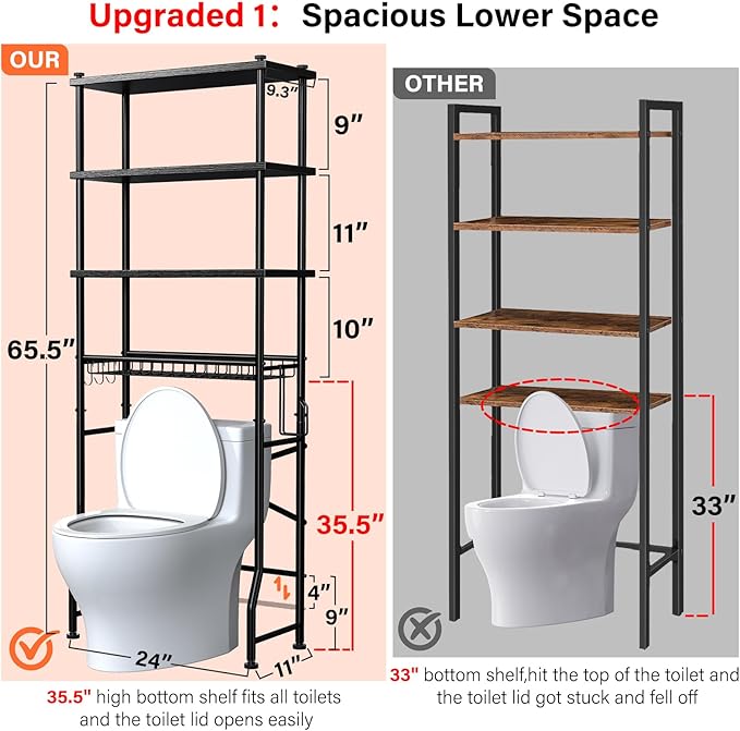 4-Tier Over-The-Toilet Storage Rack, Bathroom Organizer Shelf Over Toilet with Shelf Waterproof Feet Pad and Basket, Multifunctional Space Saver Bathroom Shelves Above Toilet for Room (Black)