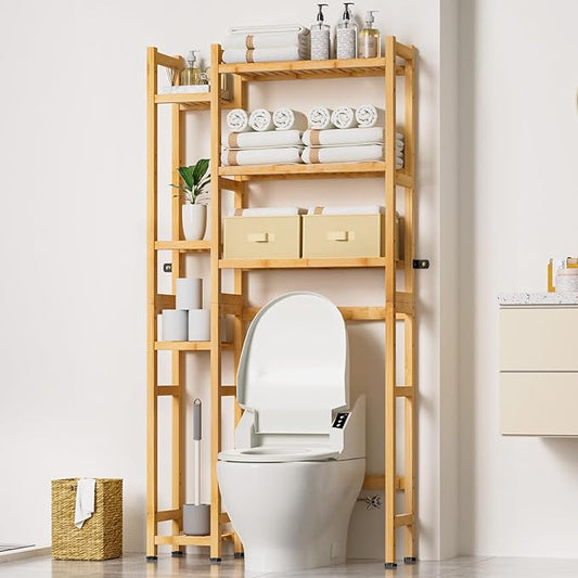 Homde Over The Toilet Storage with Basket and Drawer, Bamboo Bathroom Organizer with Adjustable Shelf & Waterproof Feet Pad, Space Saver Rack for Restroom, Laundry,Natural-NeatNest