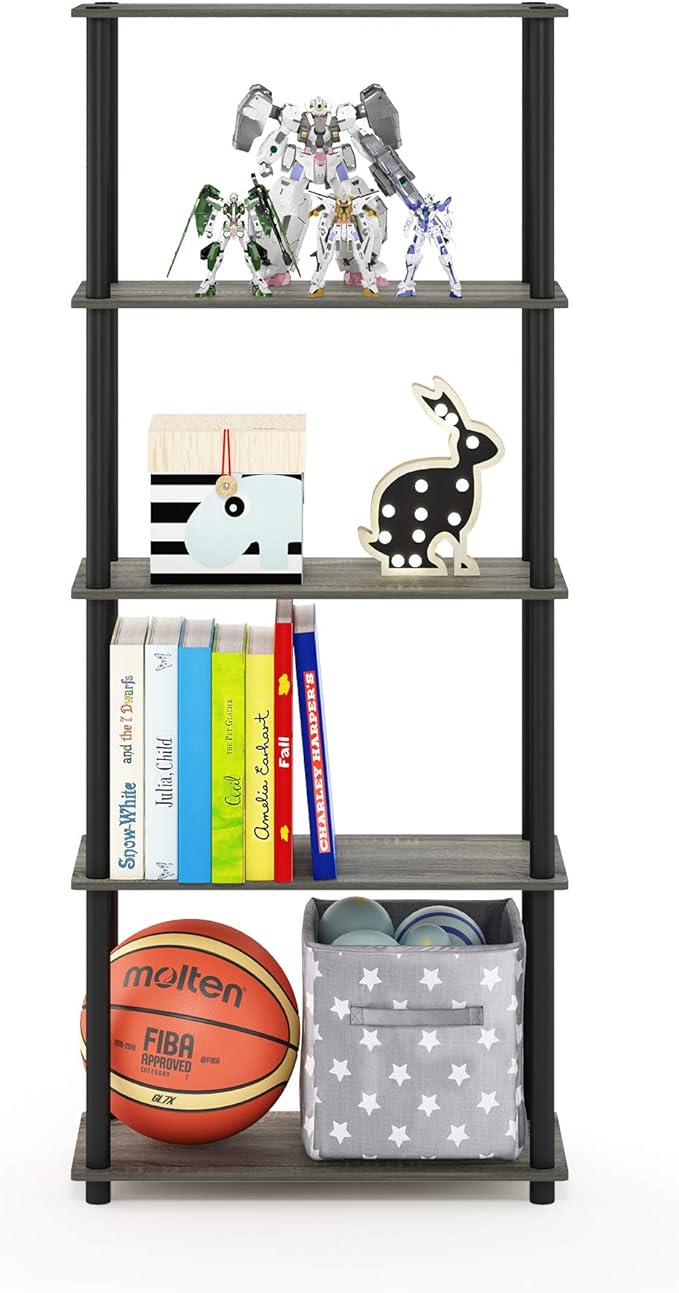 Furinno Turn-N-Tube 5-Tier Multipurpose Shelf / Display Rack / Storage Shelf / Bookshelf, Round Tubes, French Oak Grey/Black-NeatNest