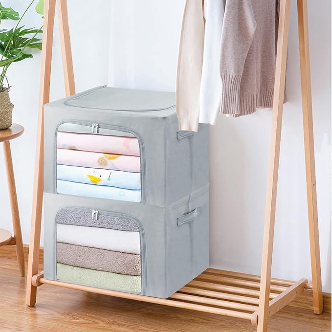 Clothes Storage Box Bins Stackable Foldable Organizer,Sturdy Handles with Metal Frame for Clothing Bedding Shelves,Closet Container with Clear Window Zipper and Label Holder (Gray, 66L x3 Pack)-NeatNest