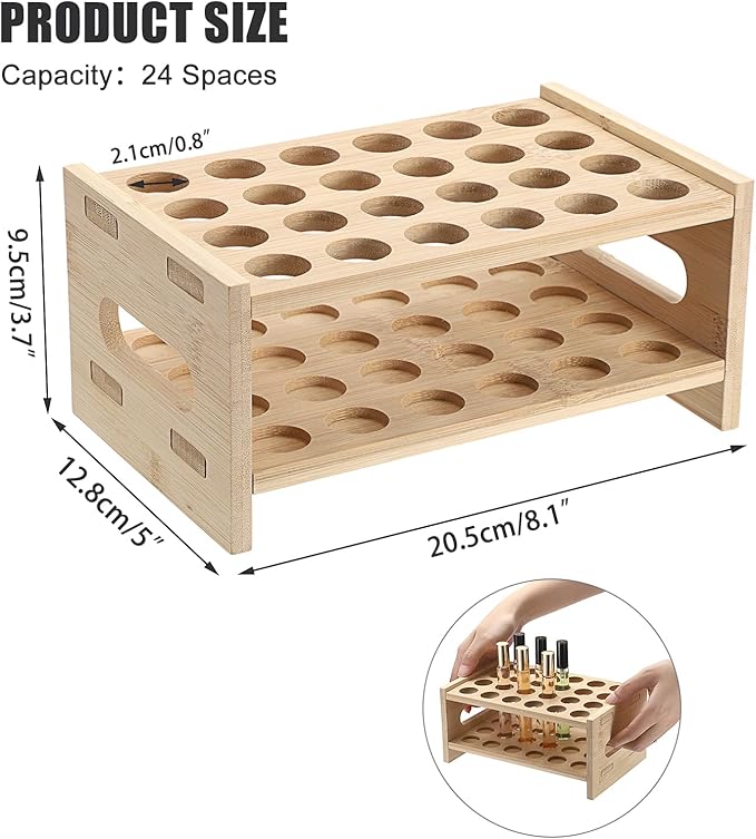 ELLDOO Rollerball Perfume Organizer, 24 Spaces Bamboo Perfume Storage Holder Beauty Scent Holder with Handle, Makeup Lipgloss Lipstick Display Case-NeatNest