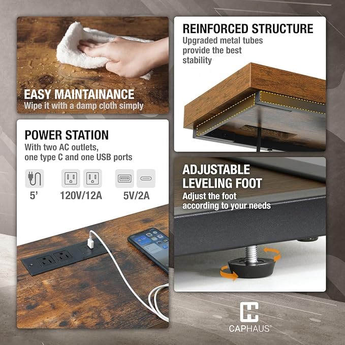 CAPHAUS 41” Unique Design 4-Tier Industrial Thick Sofa Console Table w/Storage & Charging Station, Entrance Tableau w/ 2 Outlets, USB & Type-C Ports for Living Room, Hallway, Rustic, Hourglass-NeatNest