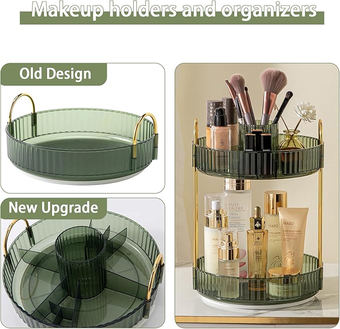 Rotating Makeup Organizer for Vanity, High-Capacity Skincare Clear Make Up Storage Perfume Organizers Cosmetic Dresser Organizer Countertop 360 Spinning (Green, New-2 Tier)-NeatNest
