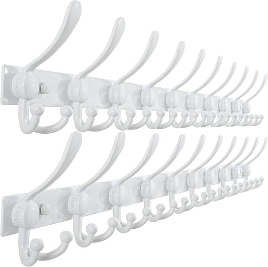 Dseap MaxStrong 2.0 Coat Rack Wall - 37” Long 10 Tri Hooks - Ultra Heavy-Duty Stainless Steel Wall Mount Coat Hanger, Hook Rail for Clothes Hats Jacket Towels White, Pack of 2