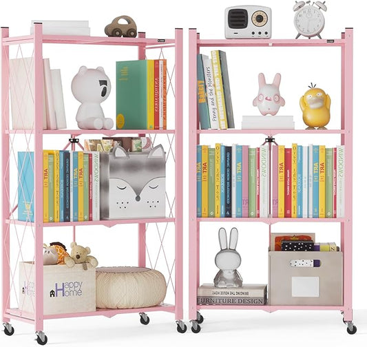 ALANNG 2-Pack Folding Bookshelf on Wheels, Cute Rolling Shelves for Bedroom, Colorful Storage Cart for Kids Rooms, Nursery, No Assembly Metal Book Shelf (4 Tier, Pink)
