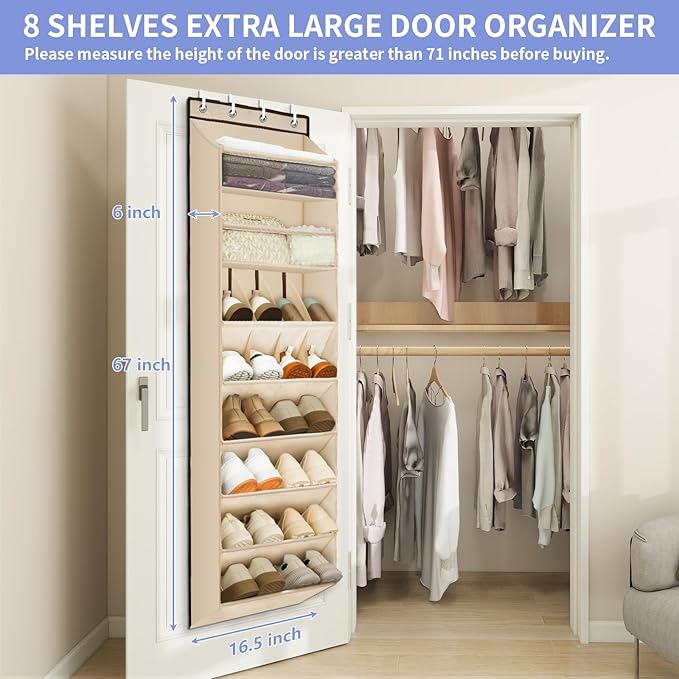FENTEC 1 Pack Over The Door Shoe Organizer, 68" Exlarge Deep Pockets Hanging Shoe Organizers, 8-Tier Shoe Rack for Closet, Shoe Holder for Boots,Over Door Organizer in Home, RV, Dorm, Beige-NeatNest