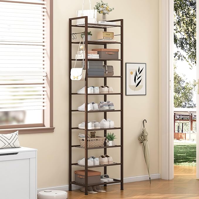 usikey 10 Tiers Narrow Shoe Rack 20-30 Pairs, Sturdy Metal Tall Shoe Rack Shelf with 4 Hooks, Slim Shoe Storage with Metal Shelf, Space Saving Vertical Shoe Organizer for Entryway, Closets,Bronze