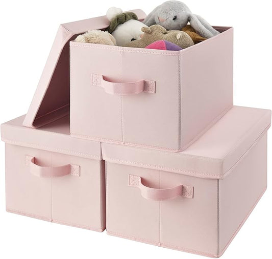 GRANNY SAYS Closet Storage Bins, Fabric Boxes with Lids, Shelf Baskets for Closet Organization, Stackable Storage Containers, Pink, 3-Pack-NeatNest