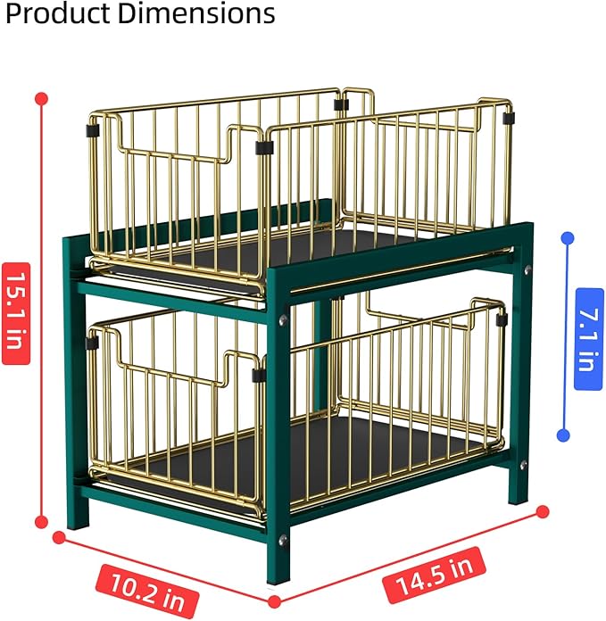 2 Tier Sliding Basket Drawer Organizer, Lxmons Pull Out Under Sink Cabinets Organizers, Metal Home Shelf for Bathroom or Kitchen, Sliding Countertop or Pantry Storage Shelf, Large Gold Green-NeatNest