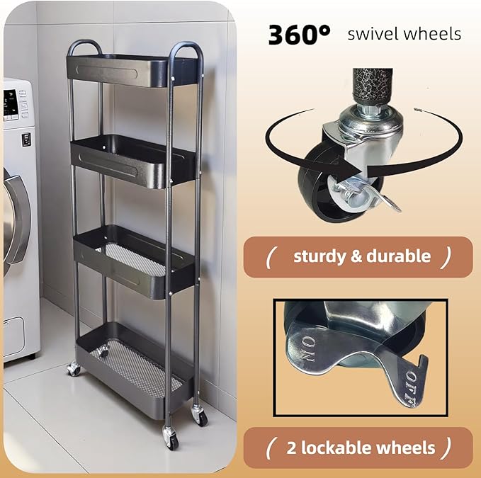 4 Tier Slim Storage Cart with Wheels for Laundry Room Between Washer and Dryer, 7.1'' Wide Narrow Rolling Storage Cart with wheels and Lockable Casters, Metal Thin Shelf for Small Space, Black