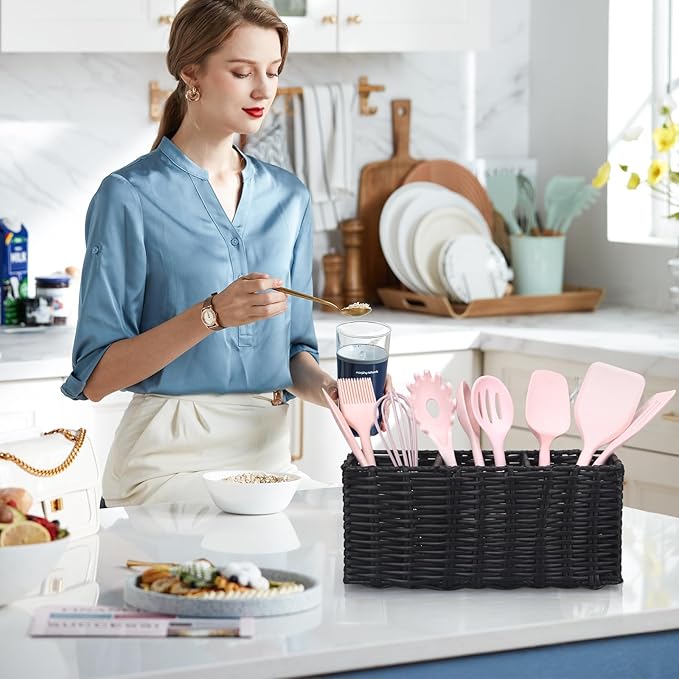 Ayiaren Wicker Silverware Cutlery Holder Black Flatware Utensil Caddy Best Silverwares Organizer Storage for Countertop Party Kitchen Utensils Holder Flatware Silverware Caddy Spoon and Fork Holders-NeatNest
