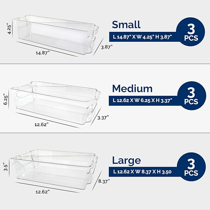 3 Pack Stackable Storage Bins - Plastic Storage Containers for Fridge, Pantry, Freezer, Closet & Kitchen, Clear Fridge Organizer Bins Ideal for Breastmilk, Baby Pouches & Formula Bottles | Medium