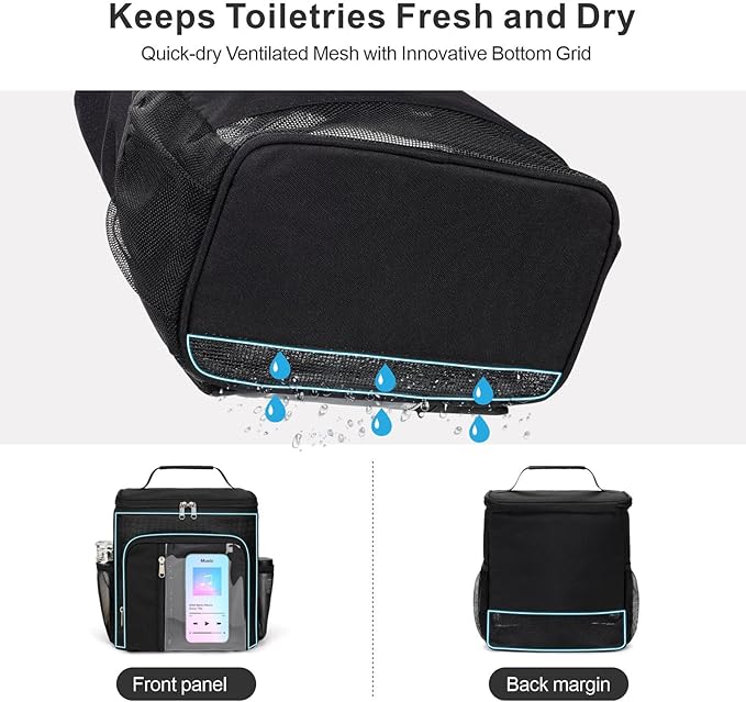 F-color Hanging Shower Caddy Portable with Clear Makeup Bag - College Dorm Essentials for Guys with Hooks Black, TSA Approved Toiletry Bag for Travel Size, Black