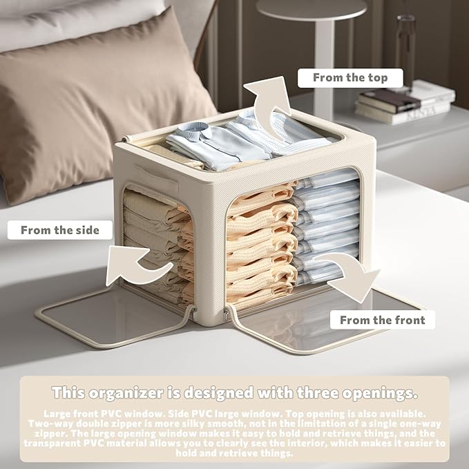3Pack Clothes Storage Bins - Oxford Frame Storage Box Foldable Stackable Storage Organizer with 3 Openings Design, Metal Frame, Clear Window, Carry Handles (Beige, 100L-23.6 * 16.5 * 15.7in)-NeatNest