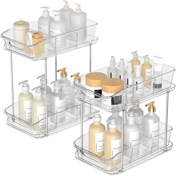 2 Tier Pull-Out Organizer for Bathroom Kitchen, Under Sink Storage with Dividers, Ideal for Cabinet, Cupboard Organization, Slide-Out Clear Storage, 2 Pack-NeatNest