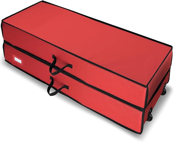 Hearth & Harbor Wrapping Paper Storage Container with Ribbon Dispenser and Interior Pockets - Large Christmas Storage Containers with Wheels, Fits 30 Rolls of 40" Length, Red-NeatNest
